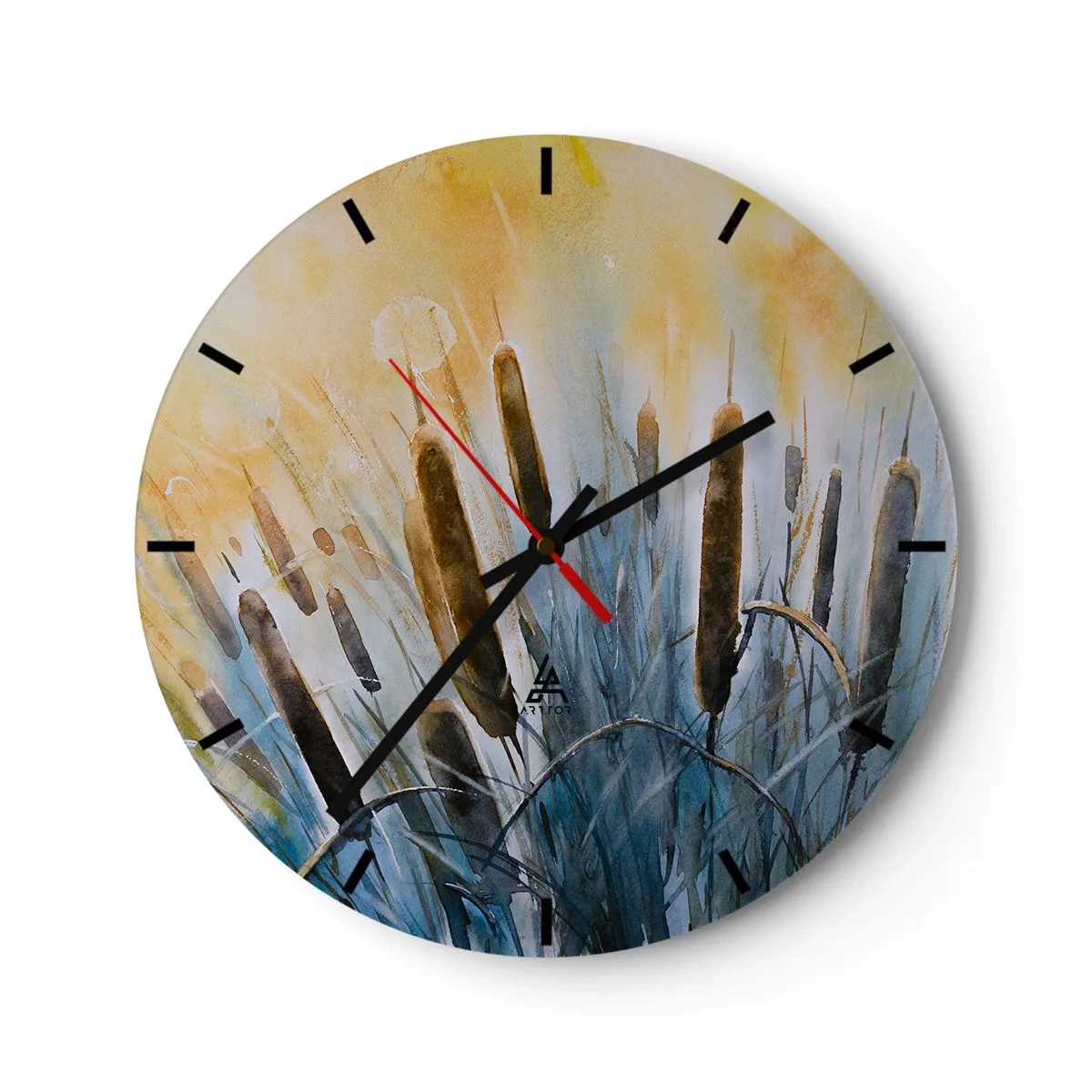 Wanduhr - Glasuhr - Malerische Schilfrohre in den warmen Farben des Sonnenuntergangs - 30x30cm - Die Kälte des Wassers, die Hitze der Sonne - Moderne Wanddekoration für Wohnzimmer, Küche und Schlafzimmer ARTTOR
