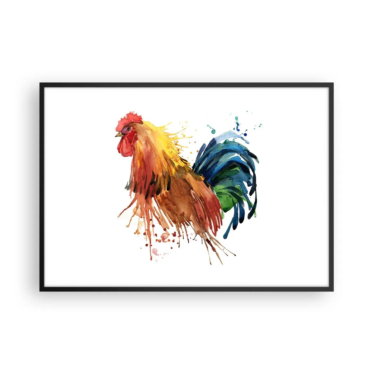 Poster in einem schwarzem Rahmen - Bunter Hahn im Aquarellstil - 100x70cm - Königliches Gewand, königlicher Stolz - Moderne Wanddekoration für Wohnzimmer und Schlafzimmer ARTTOR