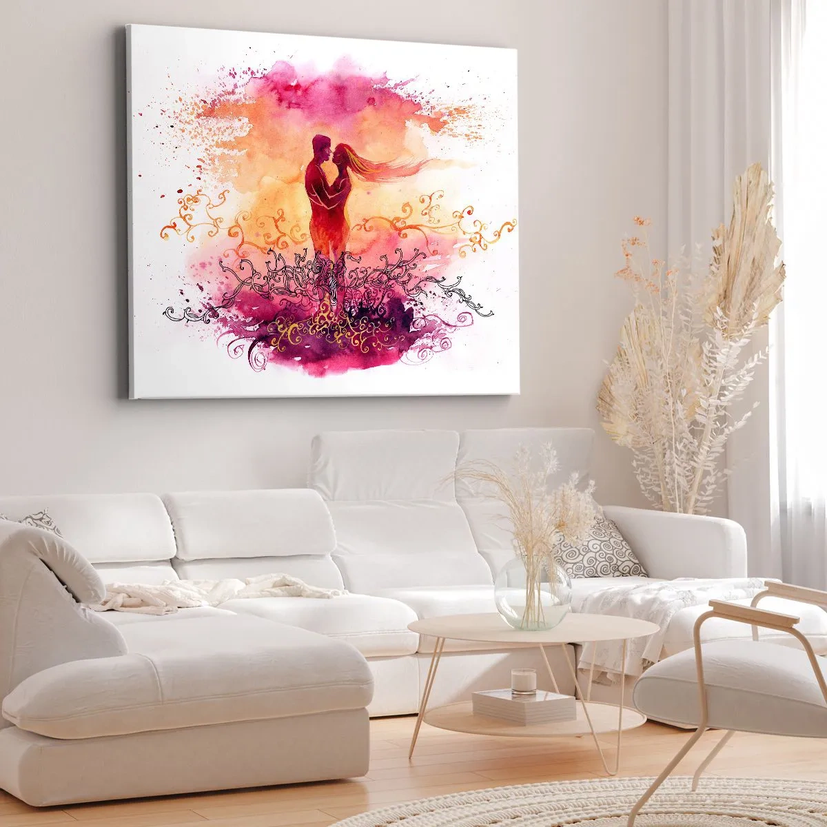 Bild auf Leinwand - Leinwandbild - Ein Paar umarmt sich vor einem abstrakten rosa und orangefarbenen Muster - 100x70cm - Ein Herz! ich brauche so wenig... - Moderne Wanddekoration für Wohnzimmer und Schlafzimmer ARTTOR