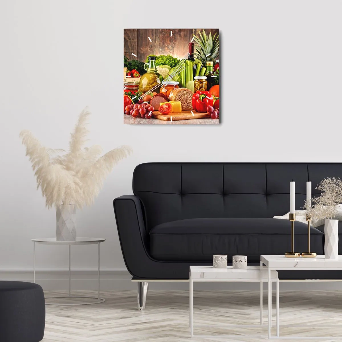 Wanduhr - Glasuhr - Buntes Obst, Gemüse und Lebensmittel - 30x30cm - Geräuchert, gebacken und eingelegt - Moderne Wanddekoration für Wohnzimmer und Schlafzimmer ARTTOR
