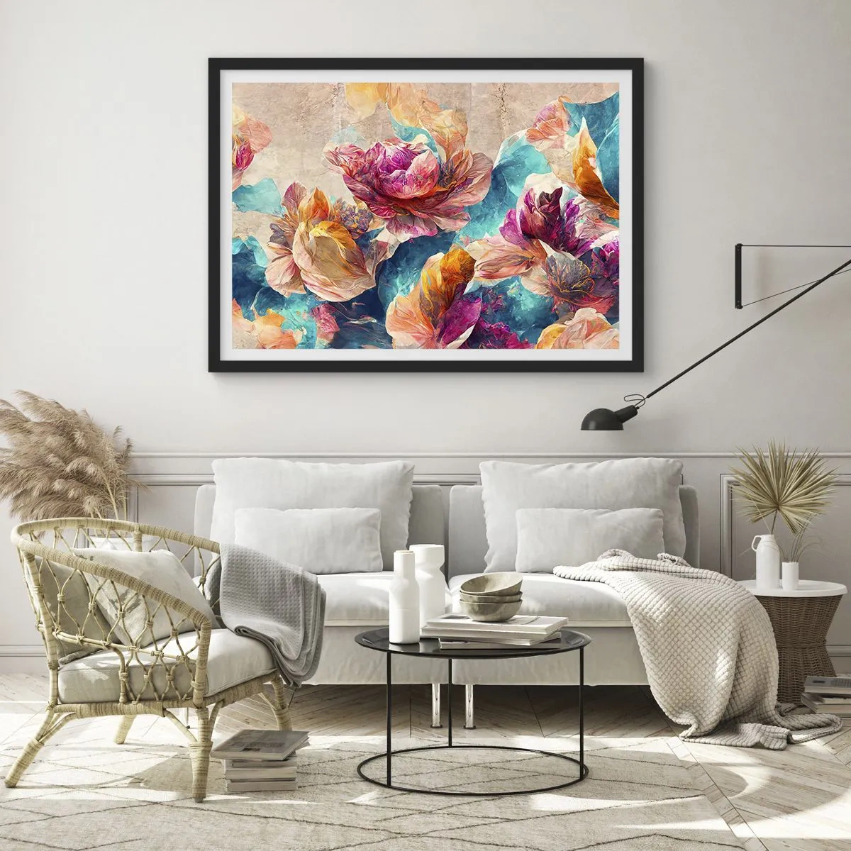 Poster in einem schwarzem Rahmen - Bunte Blumen auf beigem Hintergrund - 70x50cm - Farbenpracht des Straußes - Moderne Wanddekoration für Wohnzimmer und Schlafzimmer ARTTOR
