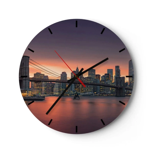 Wanduhr - Glasuhr - Panorama der Stadt mit der Brücke bei Sonnenuntergang - 30x30cm - Eingetaucht in lila Stille - Moderne Wanddekoration für Wohnzimmer, Küche und Schlafzimmer ARTTOR