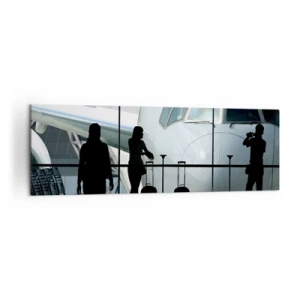 Bild auf Leinwand - Leinwandbild - Flughafen mit Silhouetten von Menschen und Blick auf das Flugzeug - 160x50cm - Vis a vis am Flughafen - Moderne Wanddekoration für Wohnzimmer und Schlafzimmer ARTTOR