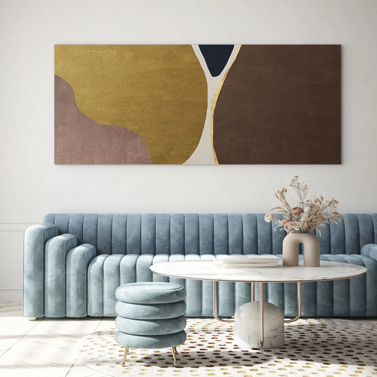 Glasbild - Bild auf glas - Eine abstrakte Komposition mit geometrischen Formen in warmen Farben. - 120x50cm - Abstraktion – ein Ort im Raum - Moderne Wanddekoration für Wohnzimmer und Schlafzimmer ARTTOR