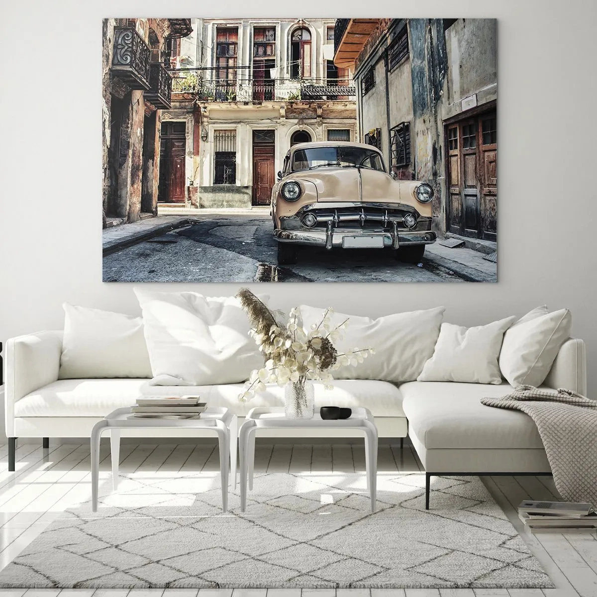 Glasbild - Bild auf glas - Retro-Auto auf der Straße der Altstadt - 120x80cm - Die Siesta in Havanna - Moderne Wanddekoration für Wohnzimmer und Schlafzimmer ARTTOR