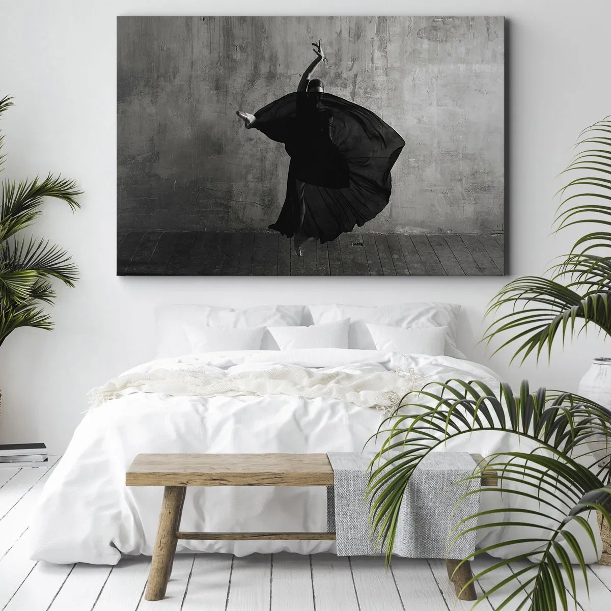 Bild auf Leinwand - Leinwandbild - Schwarz-weiße Silhouette einer Tänzerin in Bewegung vor einem Wandhintergrund - 120x80cm - Leidenschaftlicher Gürtel - Moderne Wanddekoration für Wohnzimmer und Schlafzimmer ARTTOR