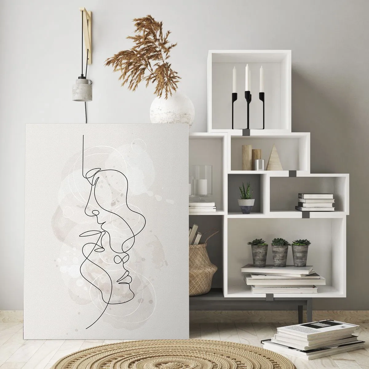 Glasbild - Bild auf glas - Eine minimalistische Zeichnung der Gesichter zweier Menschen in einer subtilen, sinnlichen Umarmung. - 50x70cm - Verstrickt in eine Umarmung - Moderne Wanddekoration für Wohnzimmer und Schlafzimmer ARTTOR