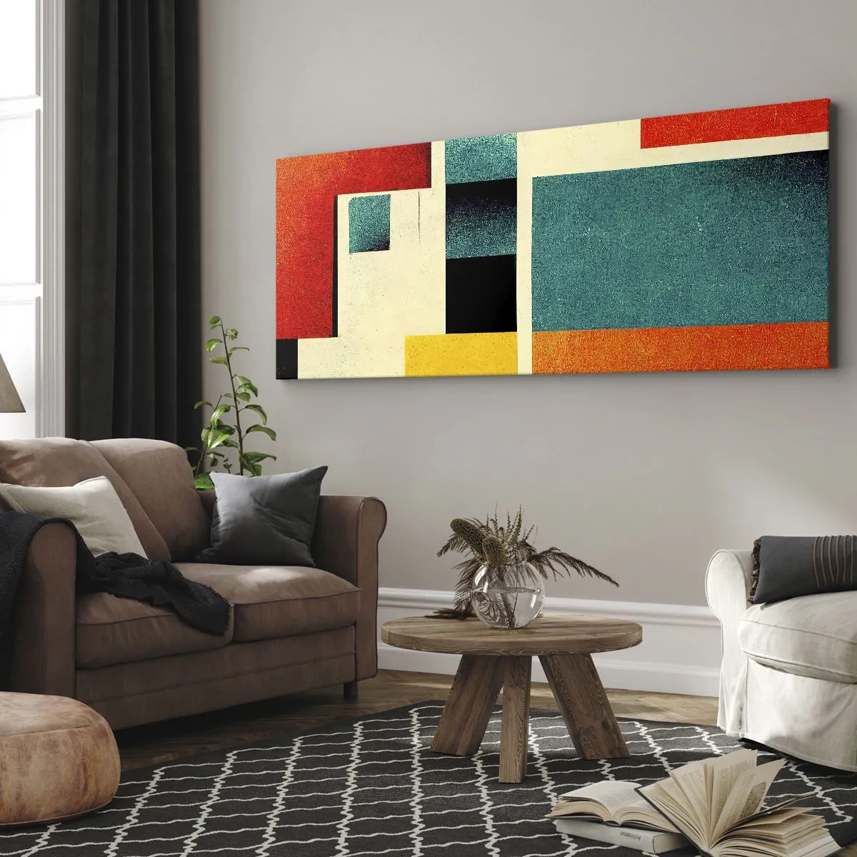 Bild auf Leinwand - Leinwandbild - Geometrische Abstraktion mit farbigen Rechtecken und Quadraten - 160x50cm - Geometrische Abstraktion – gute Energie - Moderne Wanddekoration für Wohnzimmer und Schlafzimmer ARTTOR
