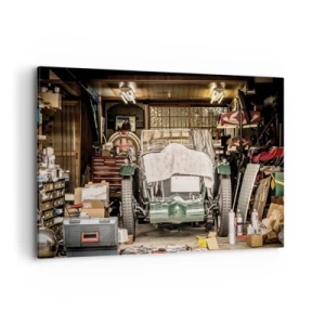 Bild auf Leinwand - Leinwandbild - Ein altes Auto in einer Garage, umgeben von Werkzeugen und Geräten - 100x70cm - Zurück in die Vergangenheit - Moderne Wanddekoration für Wohnzimmer und Schlafzimmer ARTTOR
