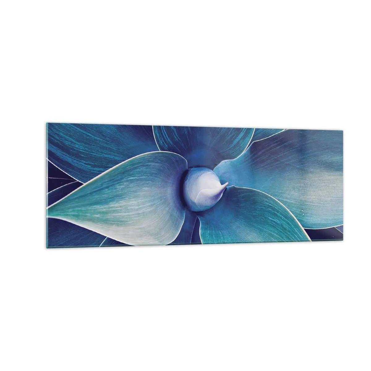 Glasbild - Bild auf glas - Nahaufnahme einer abstrakten Blume in Blautönen - 140x50cm - Bläulich vom Himmel - Moderne Wanddekoration für Wohnzimmer und Schlafzimmer ARTTOR