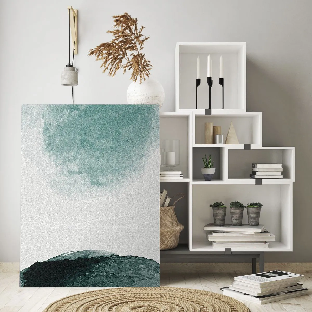 Glasbild - Bild auf glas - Eine zarte abstrakte Komposition in Grüntönen mit subtilen Formen auf hellem Hintergrund. - 70x100cm - Begegnung mit Nebel - Moderne Wanddekoration für Wohnzimmer und Schlafzimmer ARTTOR