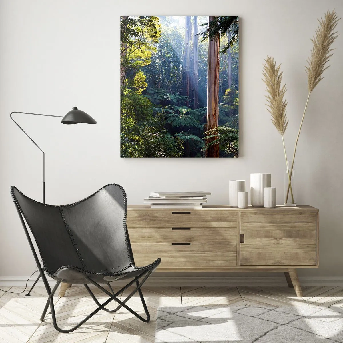 Glasbild - Bild auf glas - Tropischer Wald, beleuchtet von den Sonnenstrahlen - 70x100cm - Ein Waldmärchen - Moderne Wanddekoration für Wohnzimmer und Schlafzimmer ARTTOR