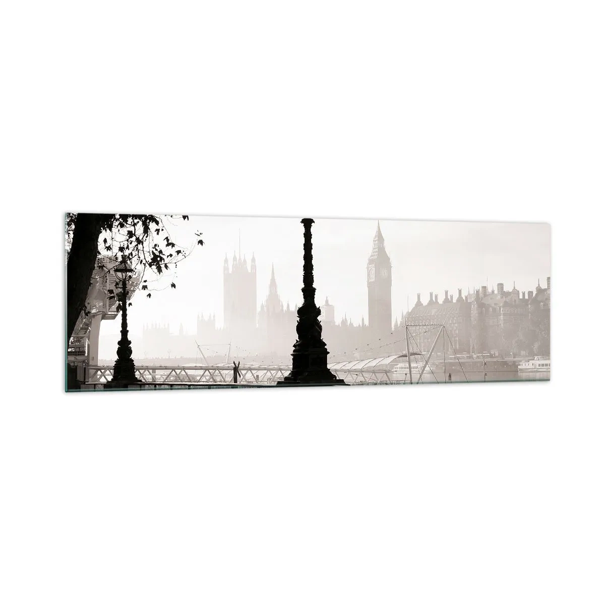 Glasbild - Bild auf glas - Eine monochrome Ansicht von Big Ben und der Themse. - 160x50cm - Londoner Morgen - Moderne Wanddekoration für Wohnzimmer und Schlafzimmer ARTTOR
