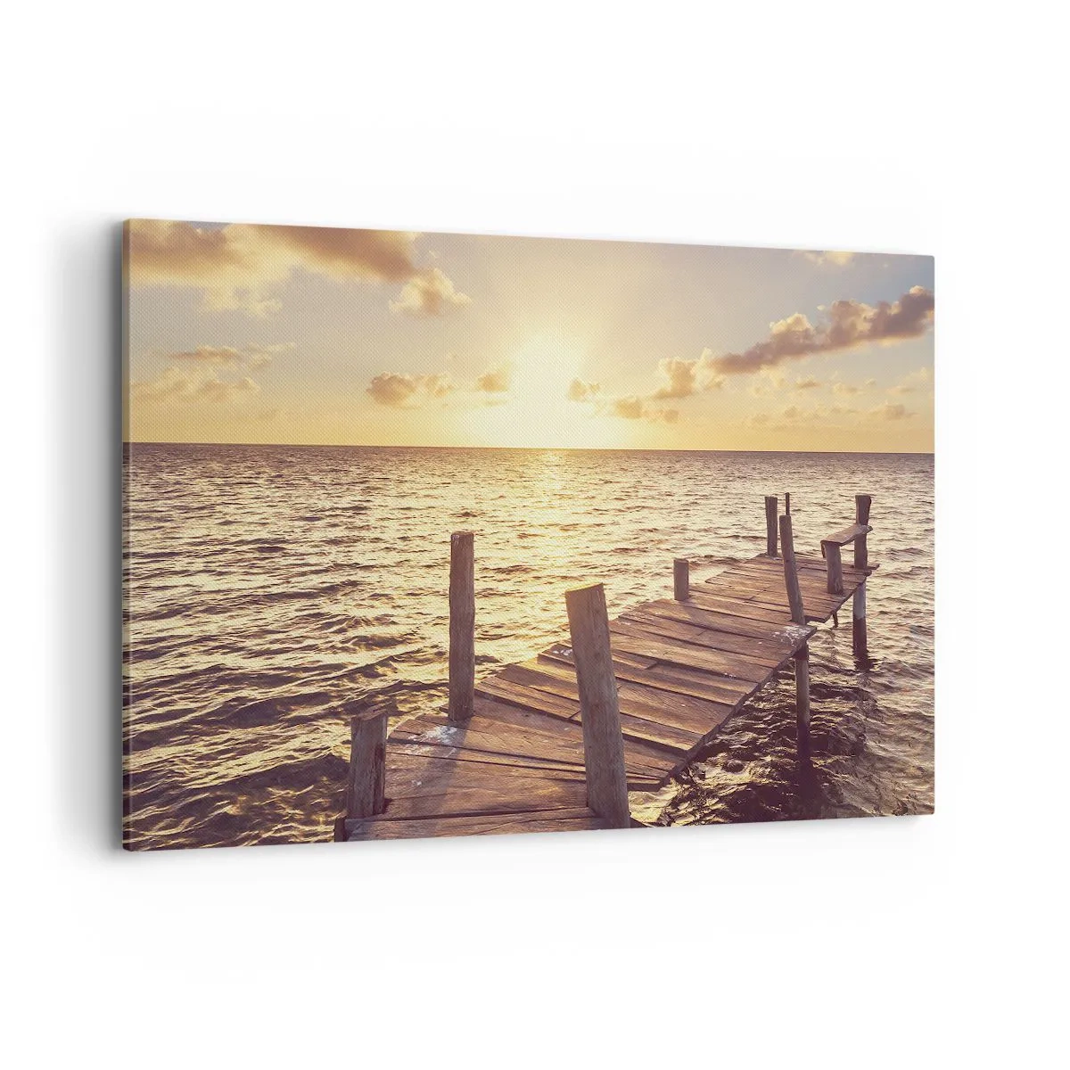 Bild auf Leinwand - Leinwandbild - Ein Holzsteg führt in Richtung Sonnenuntergang - 120x80cm - Das goldene Land der Sanftmut - Moderne Wanddekoration für Wohnzimmer und Schlafzimmer ARTTOR