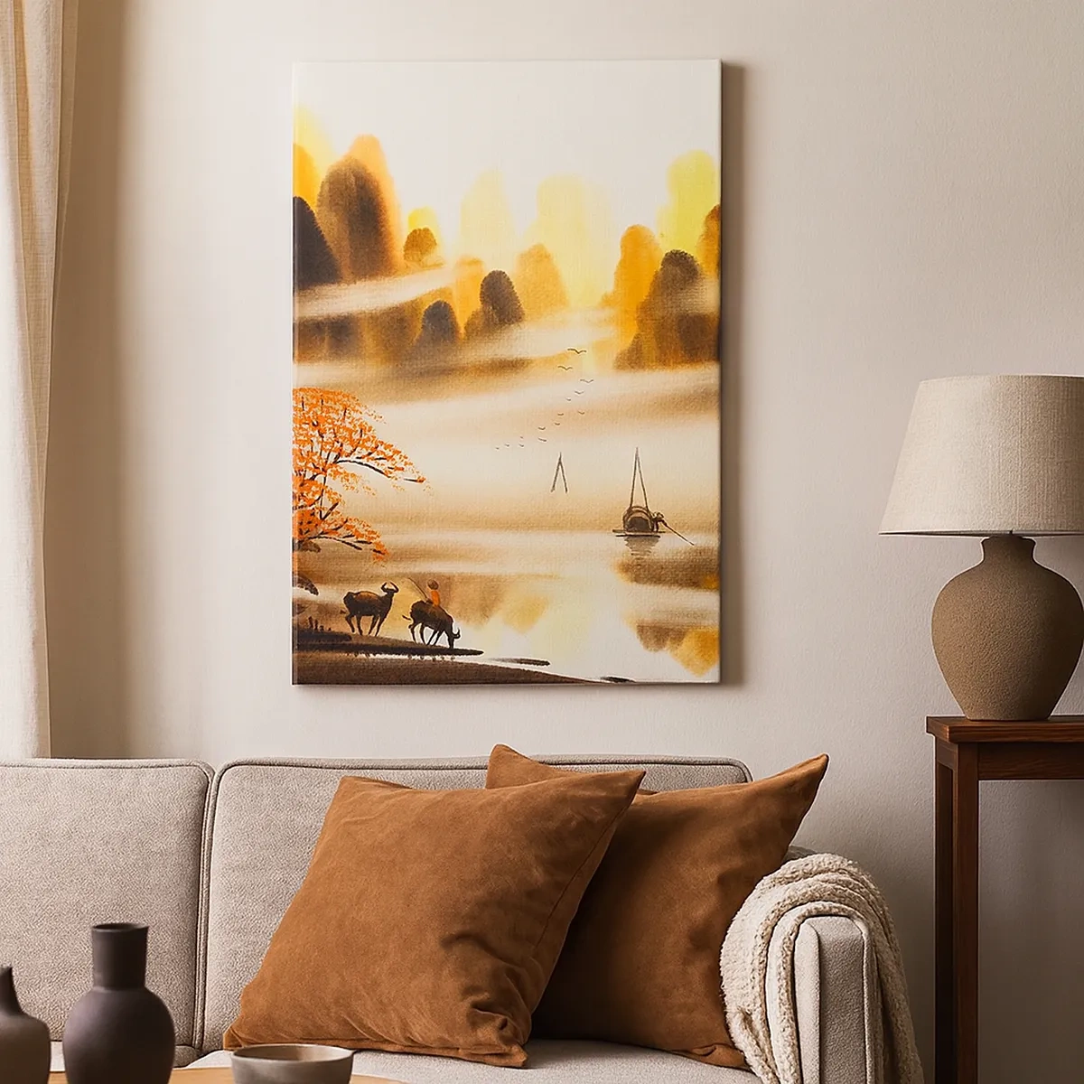 Bild auf Leinwand - Leinwandbild - Eine orientalische Landschaft mit Fluss, Bergen und sanftem Nebel. - 50x70cm - Weiter als im Fernosten - Moderne Wanddekoration für Wohnzimmer und Schlafzimmer ARTTOR