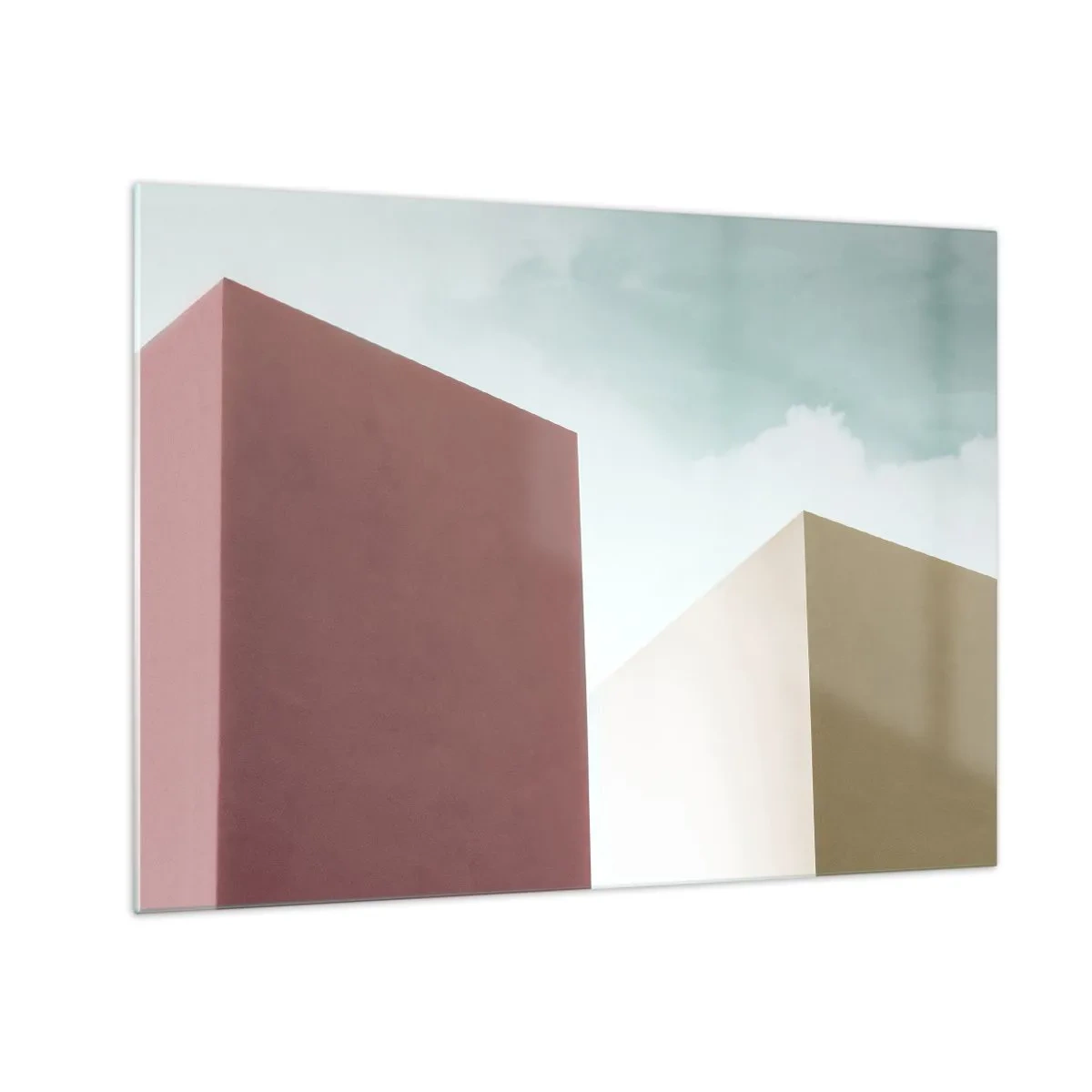 Glasbild - Bild auf glas - Geometrische Gebäude in Pastellfarben - 70x50cm - Geometrie des sonnigen Sommers - Moderne Wanddekoration für Wohnzimmer und Schlafzimmer ARTTOR