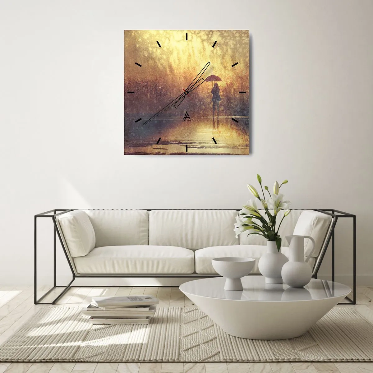 Wanduhr - Glasuhr - Eine Figur mit einem Regenschirm in einer nebligen Landschaft voller Reflexionen - 30x30cm - Ich habe das Gefühl, dass mich jemand ansieht - Moderne Wanddekoration für Wohnzimmer und Schlafzimmer ARTTOR