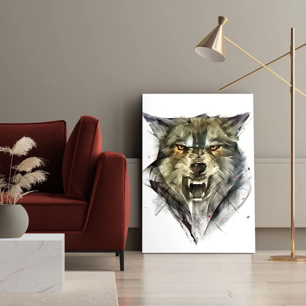 Bild auf Leinwand - Leinwandbild - Ein gefährlicher Wolf in dynamischer, künstlerischer Form - 50x70cm - Kein Schritt näher! - Moderne Wanddekoration für Wohnzimmer und Schlafzimmer ARTTOR
