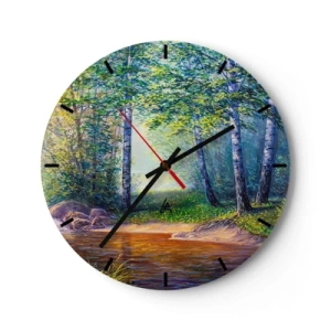 Wanduhr - Glasuhr - Ein malerischer Birkenwald mit einem von den Sonnenstrahlen beleuchteten Fluss - 30x30cm - Idyllische Landschaft - Moderne Wanddekoration für Wohnzimmer, Küche und Schlafzimmer ARTTOR