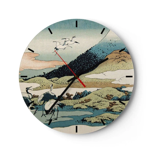 Wanduhr - Glasuhr - Japanische Szene mit Vögeln vor einer Berglandschaft - 30x30cm - Im japanischen Geist - Moderne Wanddekoration für Wohnzimmer, Küche und Schlafzimmer ARTTOR