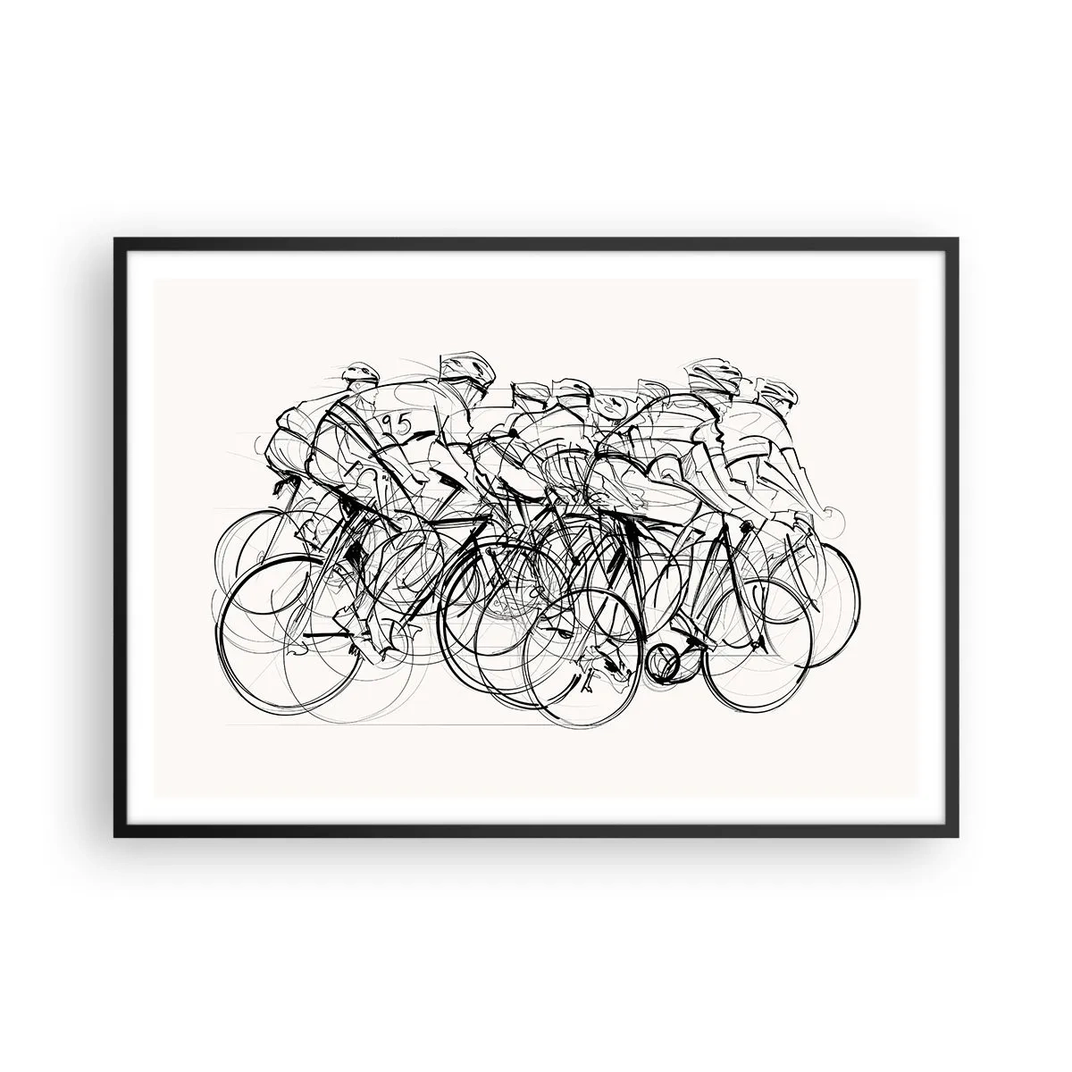 Poster in einem schwarzem Rahmen - Eine Gruppe von Radfahrern in Bewegung im minimalistischen Stil - 100x70cm - Gemeinsam als Team - Moderne Wanddekoration für Wohnzimmer und Schlafzimmer ARTTOR