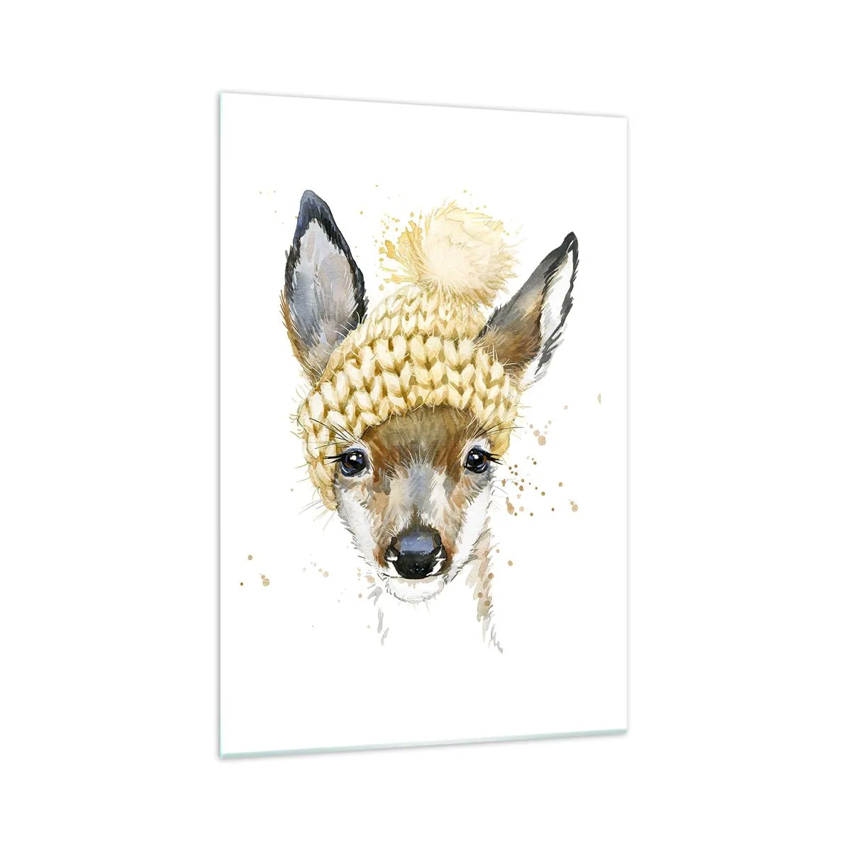 Glasbild - Bild auf glas - Aquarell Hirsch in einer gelben Mütze - 70x100cm - Für den Winter im verschneiten Wald - Moderne Wanddekoration für Wohnzimmer und Schlafzimmer ARTTOR