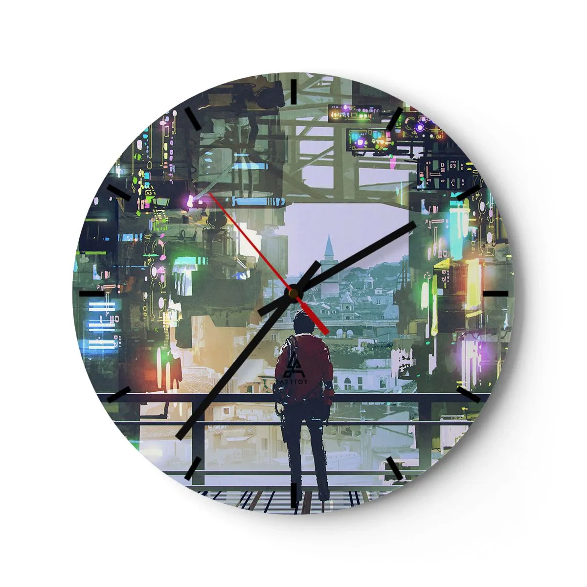 Wanduhr - Glasuhr - Eine Figur in einer futuristischen Stadt mit Neonlichtern und einer Skyline im Hintergrund - 30x30cm - Zwei Welten - Moderne Wanddekoration für Wohnzimmer, Küche und Schlafzimmer ARTTOR