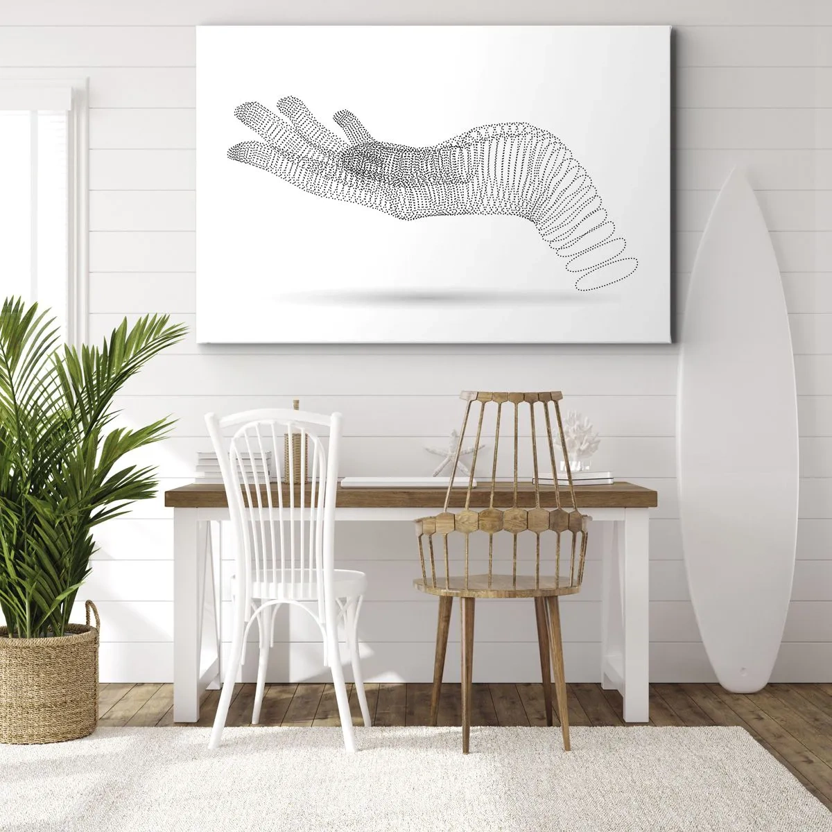 Bild auf Leinwand - Leinwandbild - Eine minimalistische Illustration einer Hand aus schwarzen Punkten auf weißem Hintergrund. - 70x50cm - Federnde Hand - Moderne Wanddekoration für Wohnzimmer und Schlafzimmer ARTTOR