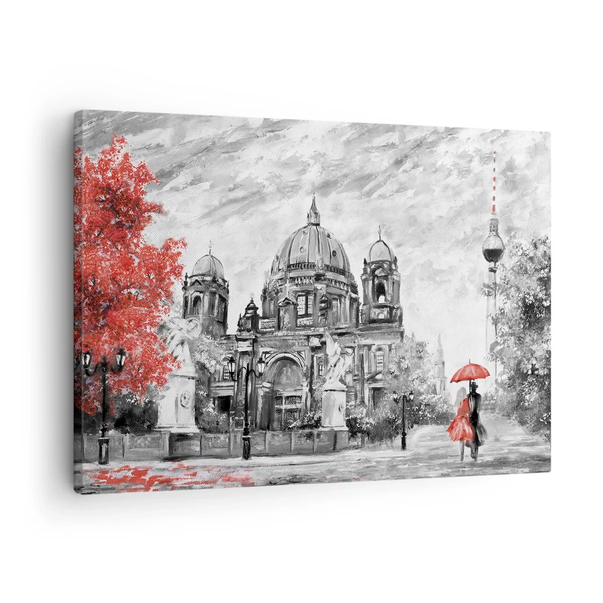 Bild auf Leinwand - Leinwandbild - Schwarz-Weiß-Szene mit Berlin, einem roten Regenschirm und einem Baum - 70x50cm - Berliner Treffen - Moderne Wanddekoration für Wohnzimmer und Schlafzimmer ARTTOR