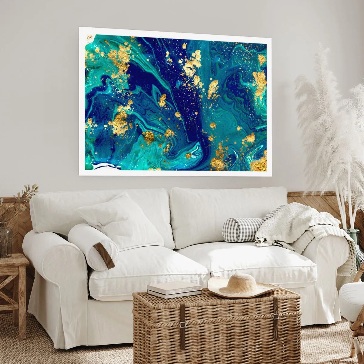 Poster - Eine abstrakte Komposition mit blauen, grünen und goldenen Akzenten. - 100x70cm - Die Blütenblätter der Sonne - Moderne Wanddekoration für Wohnzimmer und Schlafzimmer ARTTOR