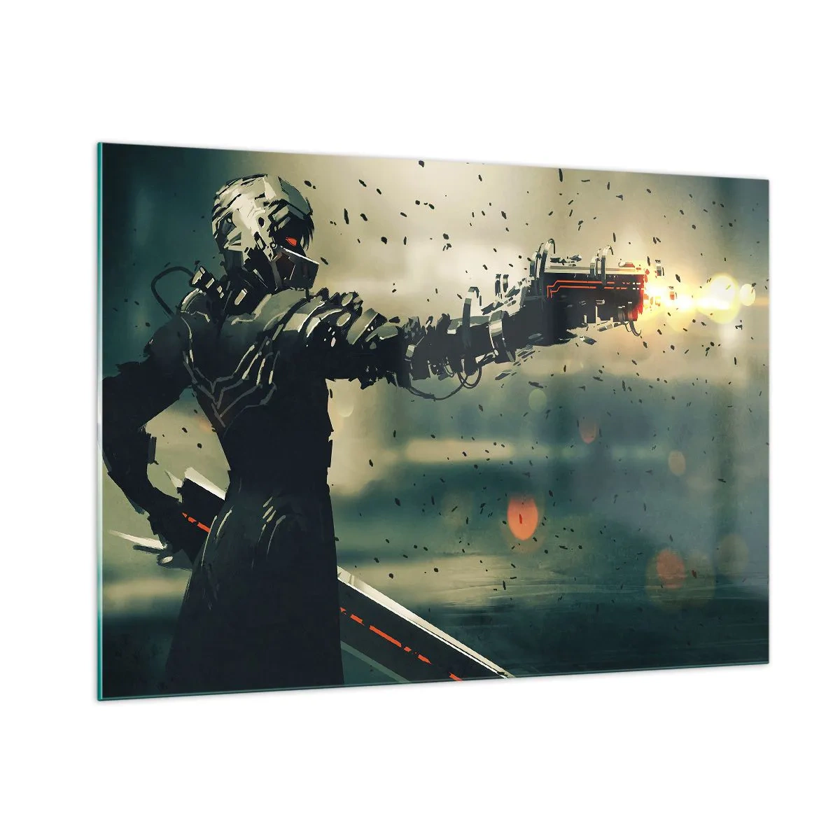 Glasbild - Bild auf glas - Ein Cyberkrieger im futuristischen Stil mit Energiewaffen - 100x70cm - Tödliche Waffe - Dein ganz eigener Terminator - Moderne Wanddekoration für Wohnzimmer und Schlafzimmer ARTTOR