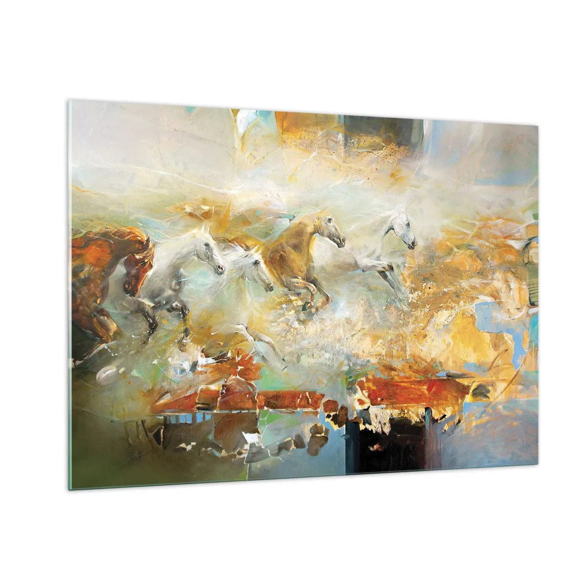 Glasbild - Bild auf glas - Abstrakte Pferde in dynamischer Bewegung - 100x70cm - Im Galopp durch das Licht - Moderne Wanddekoration für Wohnzimmer und Schlafzimmer ARTTOR