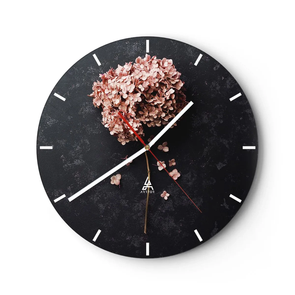 Wanduhr - Glasuhr - Rosa Hortensienblüte auf schwarzem Hintergrund - 30x30cm - Wirklich romantisches Zeichen - Moderne Wanddekoration für Wohnzimmer, Küche und Schlafzimmer ARTTOR