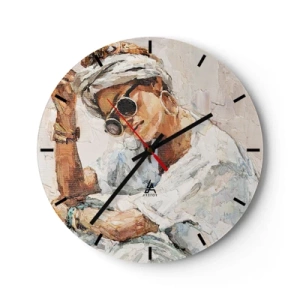 Wanduhr - Glasuhr - Porträt einer Frau mit Sonnenbrille, gemalt in Impasto - 30x30cm - Porträt in voller Sonne - Moderne Wanddekoration für Wohnzimmer, Küche und Schlafzimmer ARTTOR