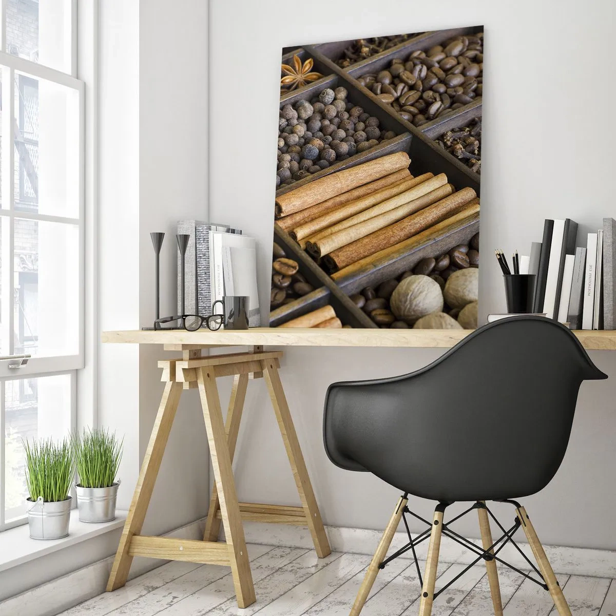 Glasbild - Bild auf glas - Gewürze und Kaffee in Holzfächern - 80x120cm - Eine Fundgrube an Aromen - Moderne Wanddekoration für Wohnzimmer und Schlafzimmer ARTTOR