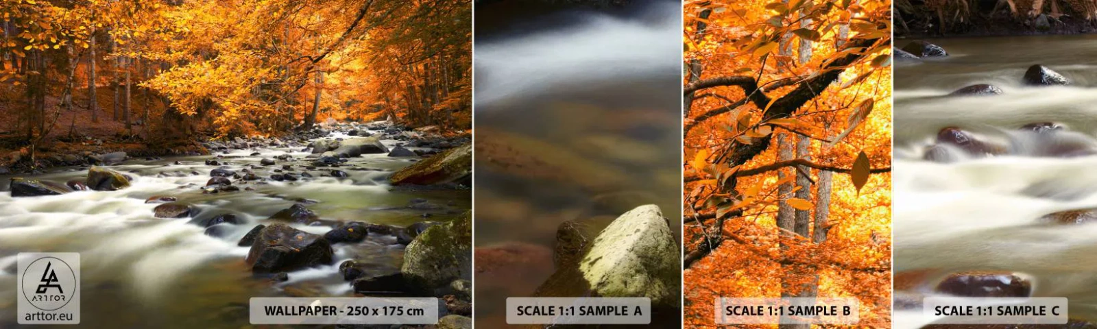 Fototapetenmuster Standard Eco - Ein Bach in einem goldenen Wald - Landschaft, Wald, Gebirgsbach - 100x30 cm