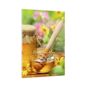 Glasbild - Bild auf glas - Gläser mit Honig vor einem Hintergrund von Blumen im Garten - 50x70cm - Süß und blumig - Moderne Wanddekoration für Wohnzimmer und Schlafzimmer ARTTOR