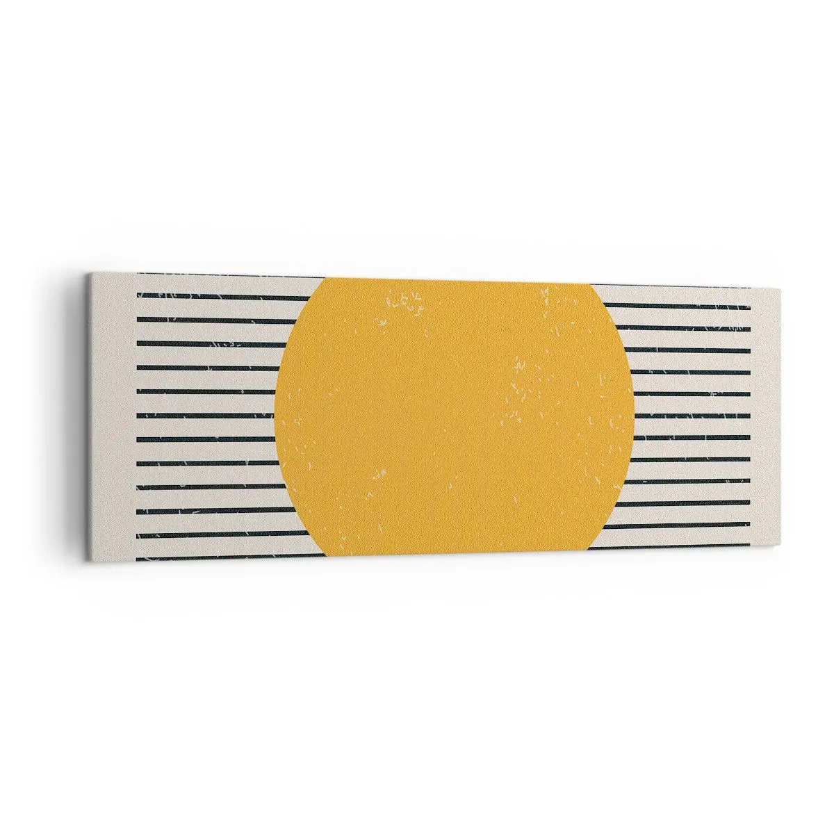 Bild auf Leinwand - Leinwandbild - Ein gelber Kreis auf einem Hintergrund aus schwarzen und weißen horizontalen Linien - 140x50cm - Die Kraft der Einfachheit - Moderne Wanddekoration für Wohnzimmer und Schlafzimmer ARTTOR