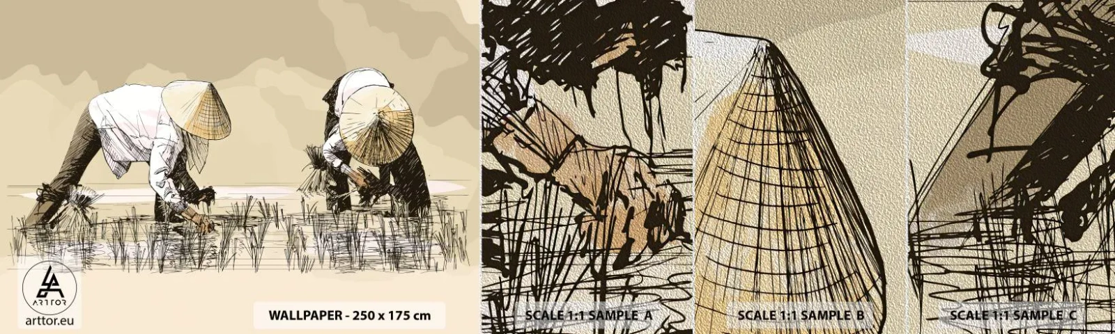 Fototapeten Muster Premium Sand - Erfolgreiche Ernte - Asien, Reisplantage, Reisfeld - 100x30 cm