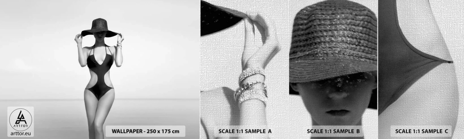 Fototapeten Muster Premium Canvas - Mein Name ist: Eleganz - Frau, Strand, Mode - 100x30 cm