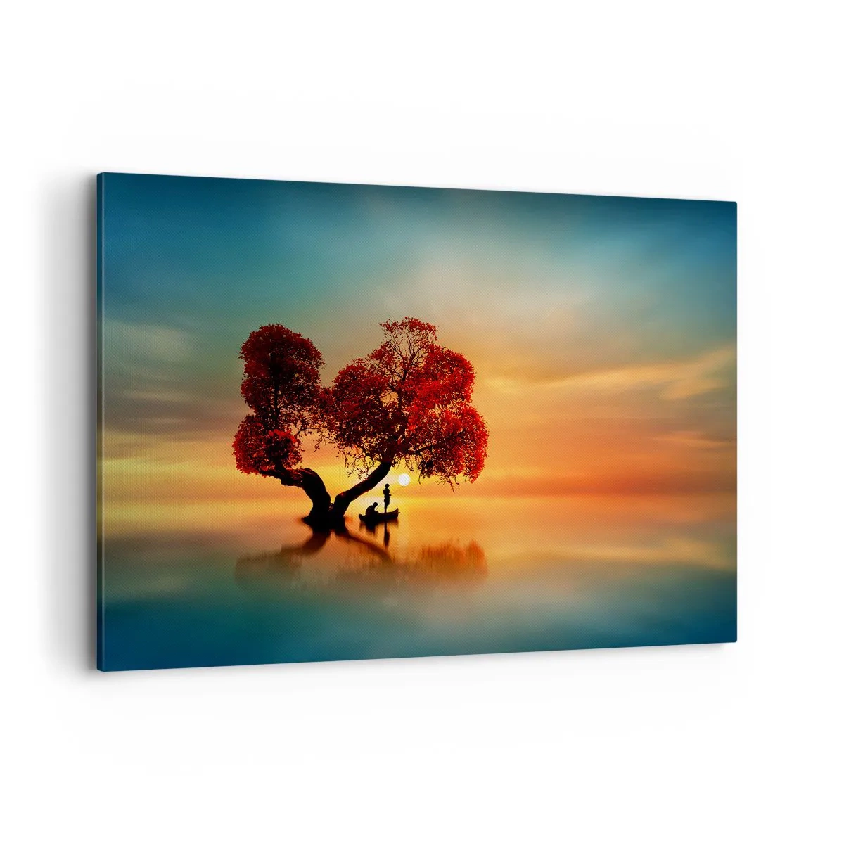 Bild auf Leinwand - Leinwandbild - Ein rotblättriger Baum und ein Boot auf dem Wasser bei Sonnenuntergang - 100x70cm - Oddaysons und die Stille der Weltlosen - Moderne Wanddekoration für Wohnzimmer und Schlafzimmer ARTTOR