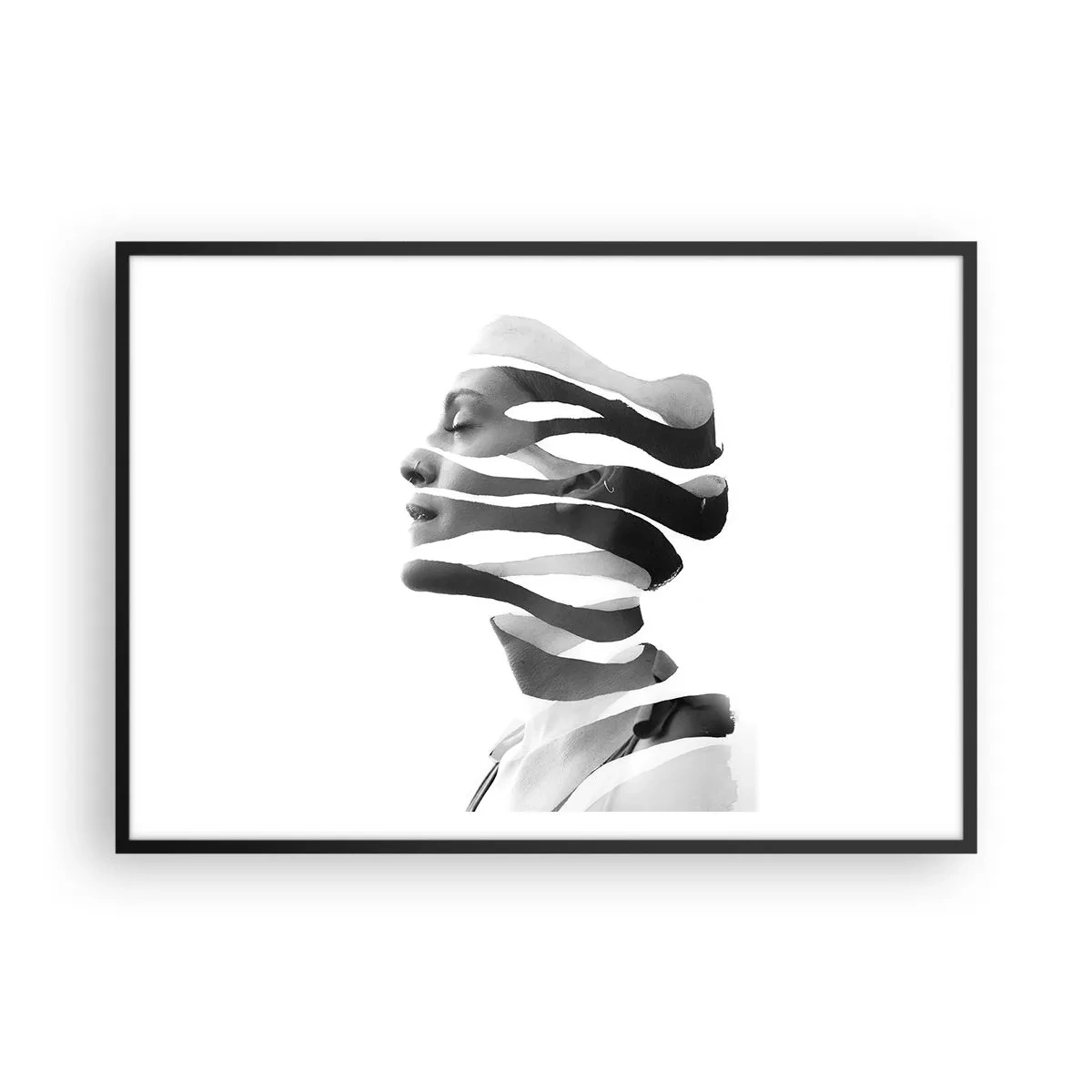 Poster in einem schwarzem Rahmen - Schwarz-Weiß-Porträt einer Frau mit surrealem Streifeneffekt - 100x70cm - Surreales Porträt - Moderne Wanddekoration für Wohnzimmer und Schlafzimmer ARTTOR