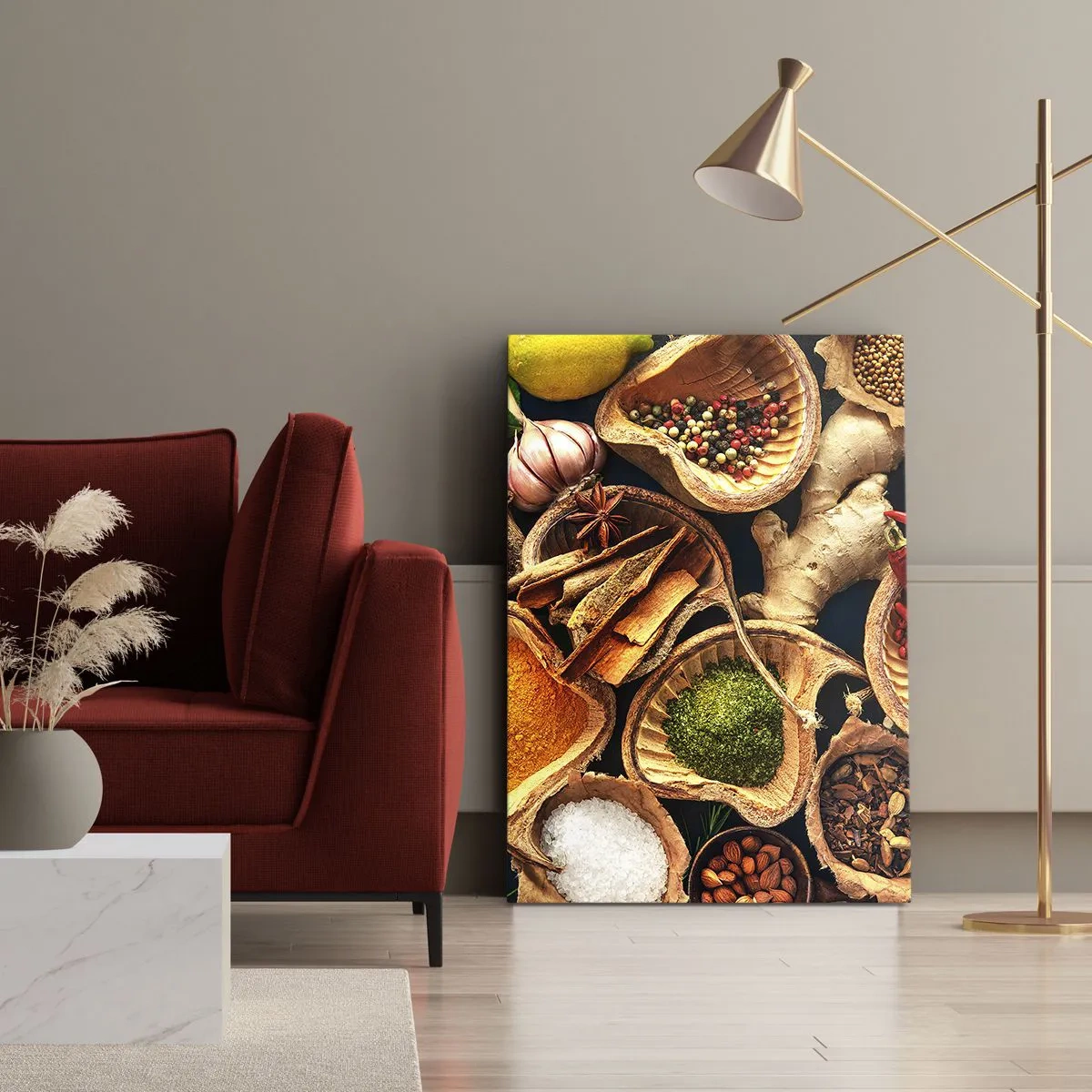 Bild auf Leinwand - Leinwandbild - Schalen mit Gewürzen in verschiedenen Farben - 50x70cm - Nimm was du willst - Moderne Wanddekoration für Wohnzimmer und Schlafzimmer ARTTOR