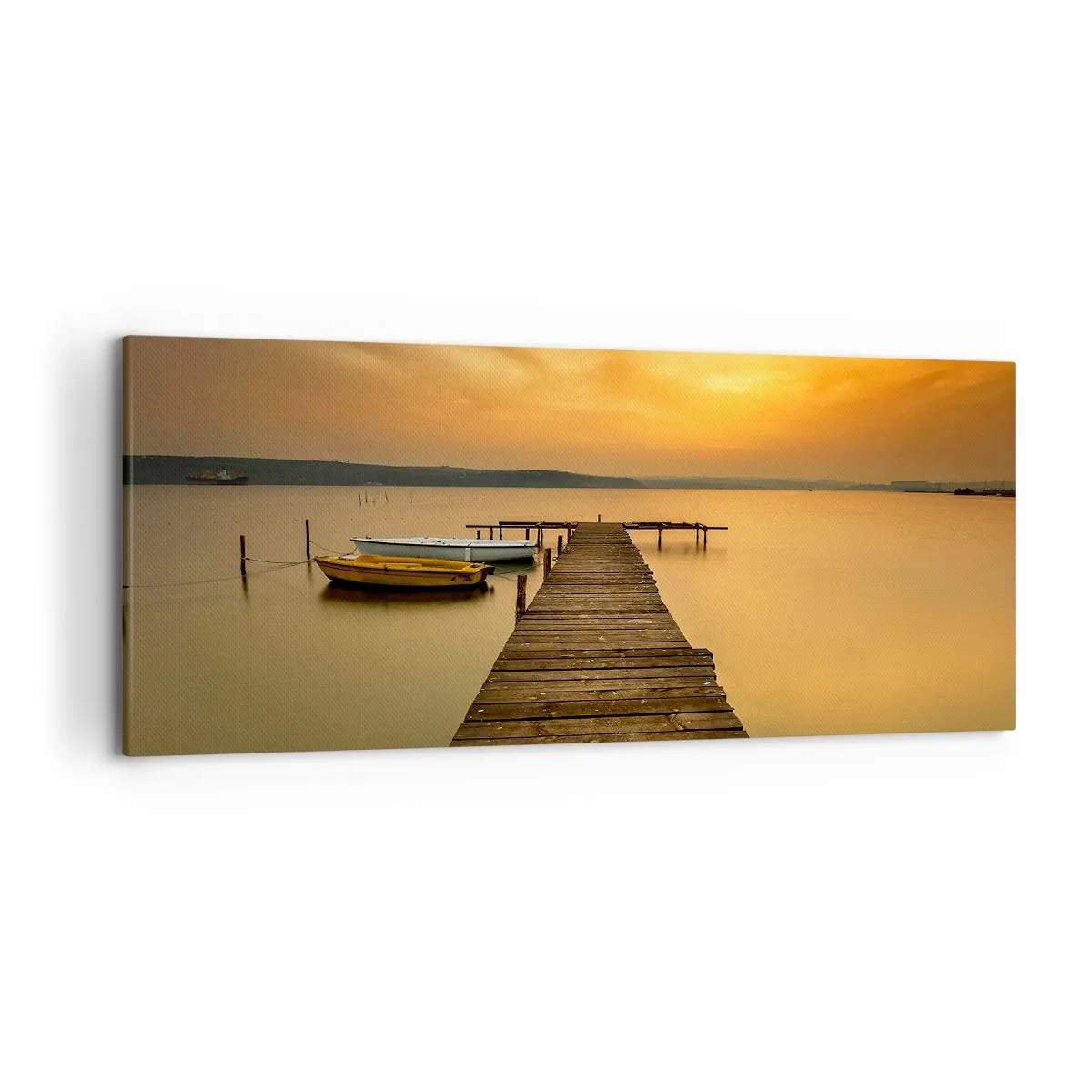 Bild auf Leinwand - Leinwandbild - Holzsteg und Boote auf dem See bei Sonnenuntergang - 120x50cm - Ich werde dir den goldenen Himmel öffnen - Moderne Wanddekoration für Wohnzimmer und Schlafzimmer ARTTOR
