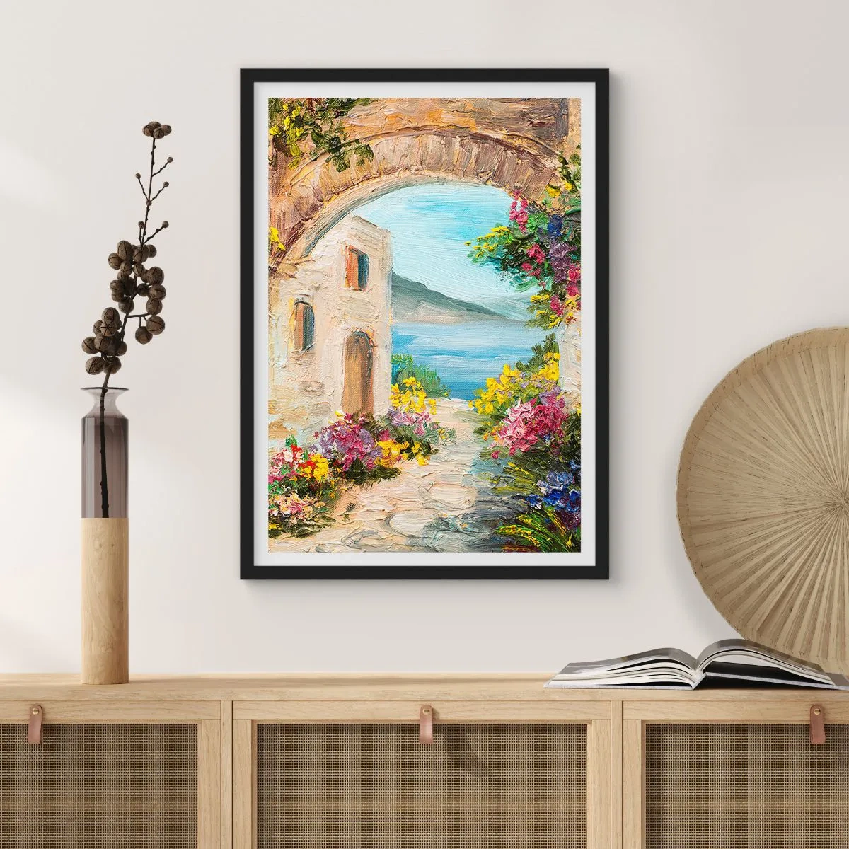 Poster in einem schwarzem Rahmen - Steinbogen mit Blick auf das Meer - 50x70cm - Charme einer Küstenprovinz - Moderne Wanddekoration für Wohnzimmer und Schlafzimmer ARTTOR