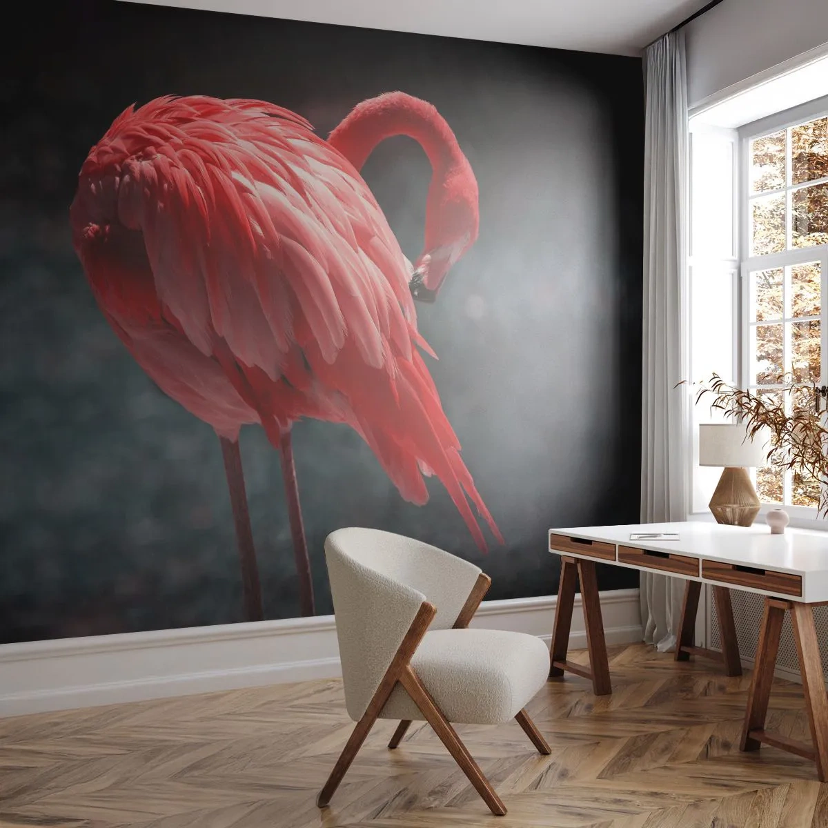 Fototapete Premium Sand - Ein purpurrotes Gedicht der Natur - Flamingo, Vogel, Natur - 350x256 cm