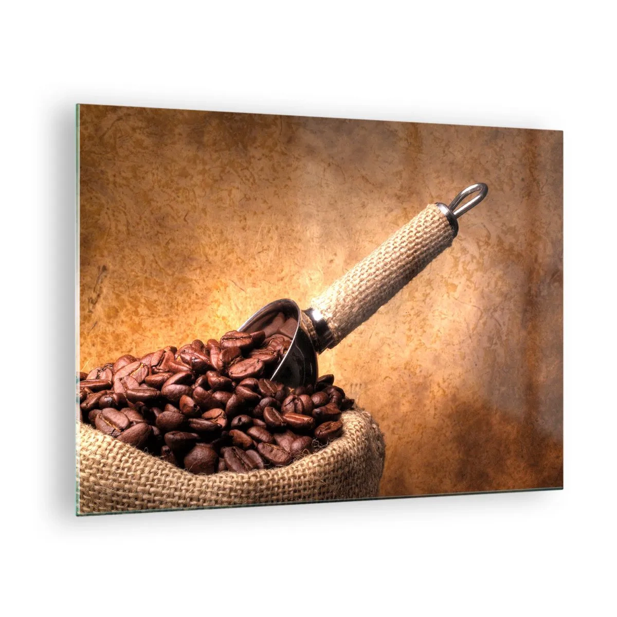 Glasbild - Bild auf glas - Kaffeebohnen in einem Jutebeutel mit einer Metallschaufel - 70x50cm - An der Quelle des Geschmacks - Moderne Wanddekoration für Wohnzimmer und Schlafzimmer ARTTOR
