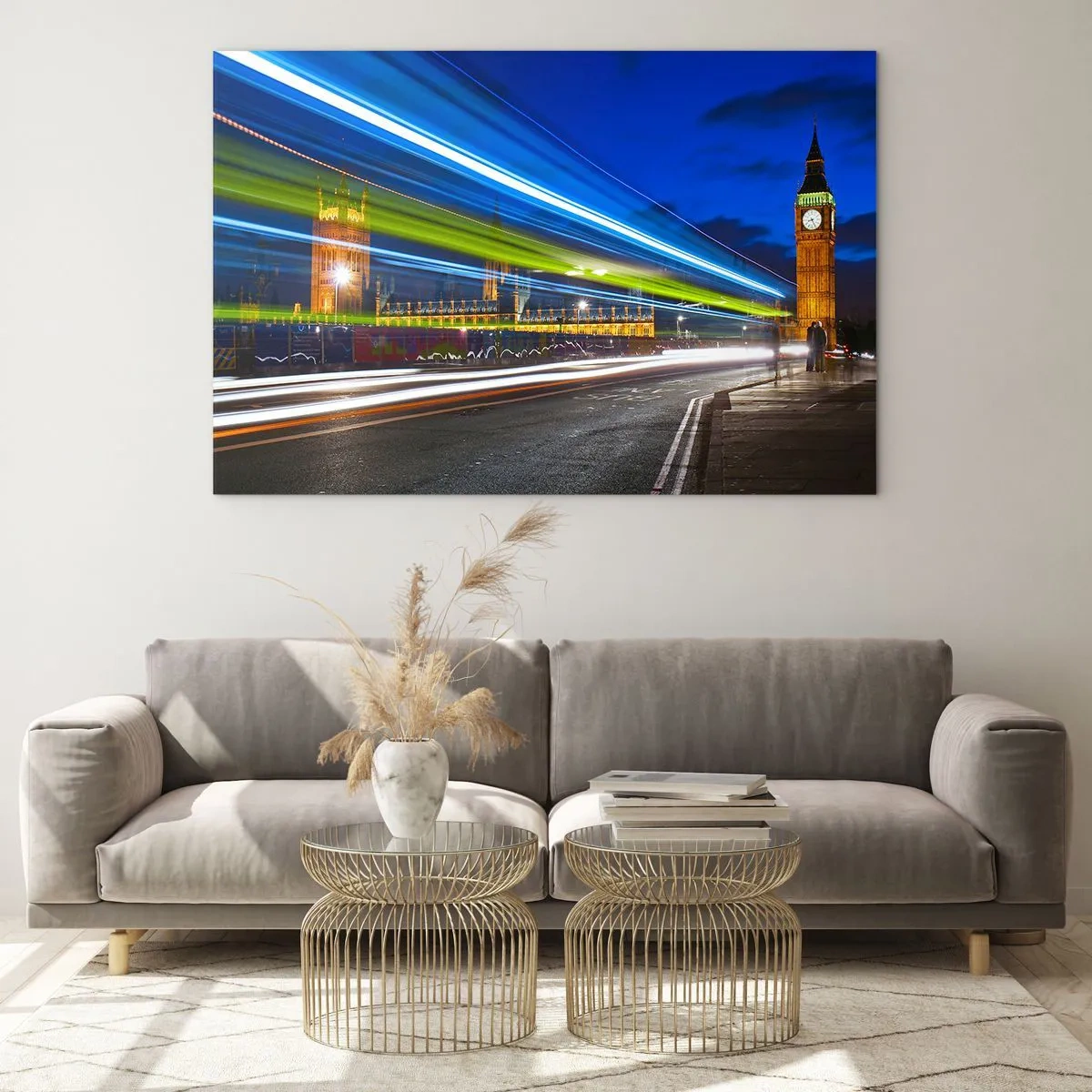 Glasbild - Bild auf glas - Big Ben bei Nacht mit verschwommenen Autolichtern - 120x80cm - Unter den wachsamen Augen von Big Ben - Moderne Wanddekoration für Wohnzimmer und Schlafzimmer ARTTOR