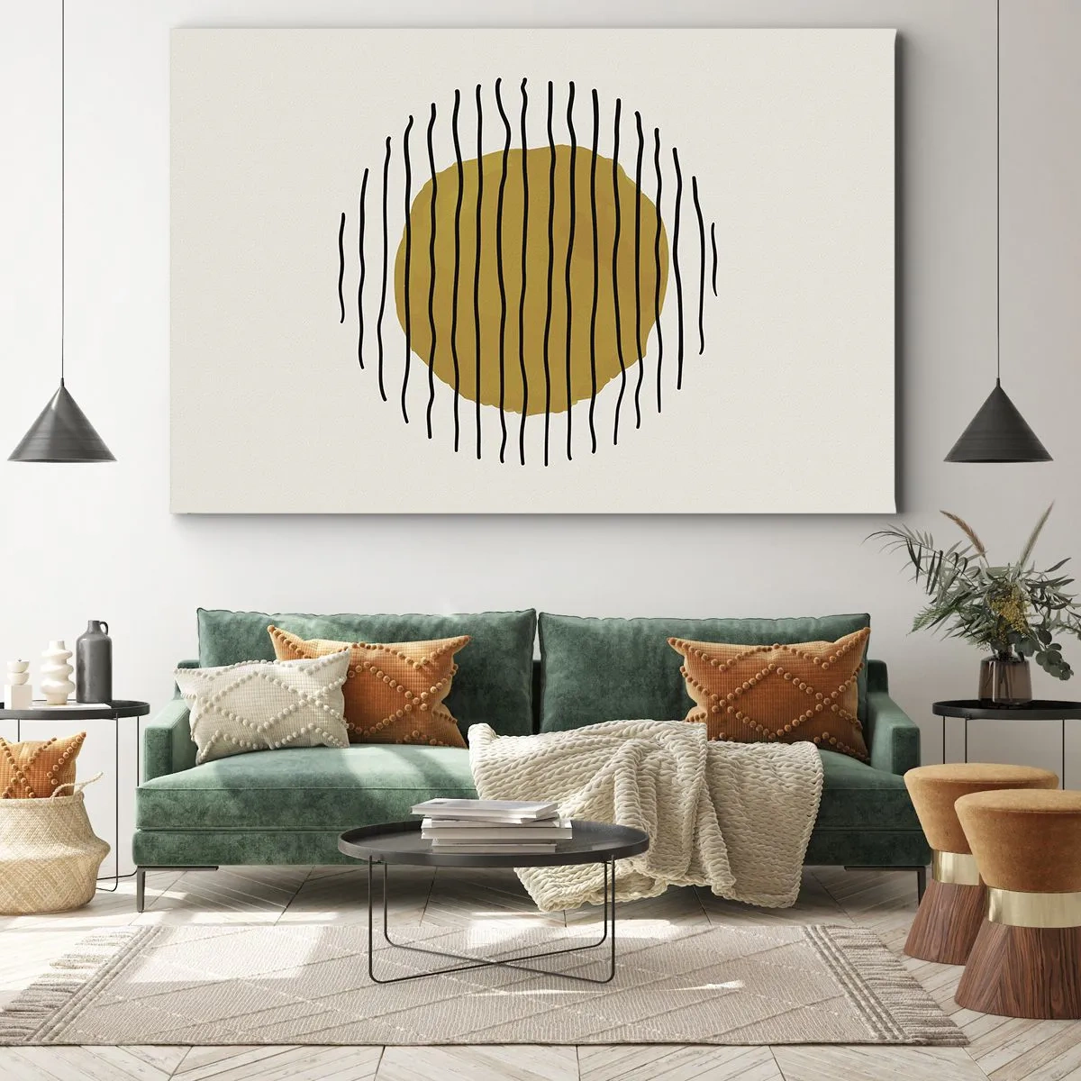 Bild auf Leinwand - Leinwandbild - Ein minimalistisches Motiv mit einem gelben Kreis und schwarzen Linien. - 70x50cm - Abstraktion, die vor Hitze zittert - Moderne Wanddekoration für Wohnzimmer und Schlafzimmer ARTTOR