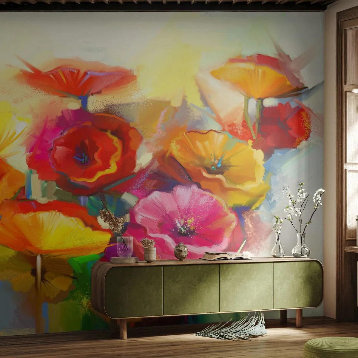 Fototapete Premium Canvas - Bunte abstrakte Blumen auf hellem Hintergrund - 100x70cm - Nicht nur rot - Moderne Wanddekoration für Wohnzimmer und Schlafzimmer ARTTOR